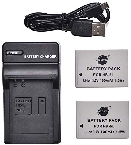 DSTE NB-5L - Set di 2 batterie agli ioni di litio e caricatore micro USB, compatibile con Canon PowerShot S100, S110, SD900 is,SD950 is,SD970 is,SD990 is,SX200 is,SX210 is,SX220 is,SX230 HS