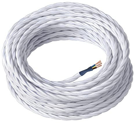 Amarcords - Cable de tela color BLANCO, trenzado, seda, 5 metros, con tierra 3x0,75 - Hilo eléctrico textil de color estilo clásico para lámparas bricolaje e iluminación vintage.
