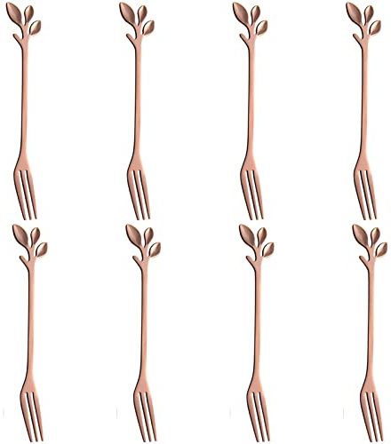 AnSaw 8-Pieces 4.7-inch Small Appetizer Forks With Leaf Handle(Rose Gold)