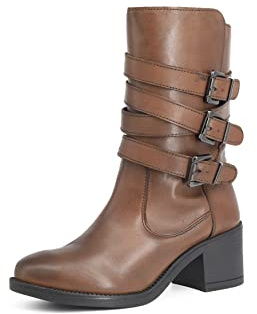 QUEEN HELENA Stivali Biker Stivaletti di Pelle con Tacco Zip Laterale Fibbia Donna S259 (Marrone, numeric_39)