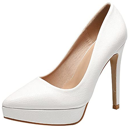 Décolleté con Plateau Bianco per Abito da Sposa da Donna, Tacchi Alti a Spillo con Punta a Punta, Scarpe da Sera per la Festa Nuziale,Bianca,36