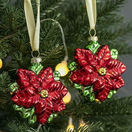 Amanman Decorazioni natalizie in vetro, confezione da 2 decorazioni per albero di Natale, decorazioni natalizie a forma di stella di Natale, soffiate e dipinte a mano