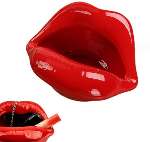 CAIRIAC Ceramic Red Lips Lipstick Ring Holder, Lip ceramic holder, Suitable for Storing Cosmetics, Hair Clips, Jewelry as Gifts for Women, Birthdays, and Valentine's Day (Dark Red)
