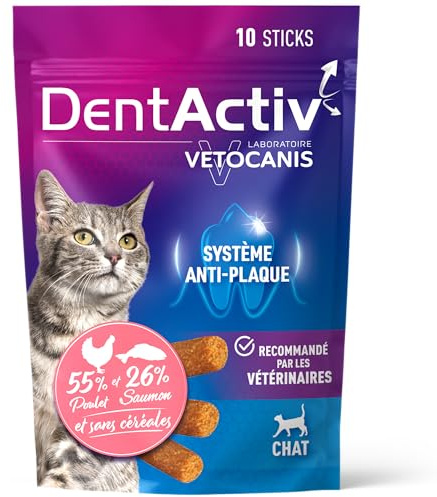 Vetocanis - Dentactiv Stick Dentaire Chat - Friandises pour Chat - Hygiène et Santé - Riche en Viande et Poisson - 55% Poulet, 26% Saumon - Recommandé par Les Vétérinaires - Système Anti-Plaque