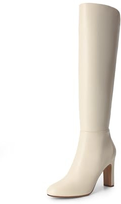 DREAM PAIRS Women's Knee-High Boots, Comfortable Chunky Block Heel Pointed Toe Pull On Side Zipper Suede Slouch Riding Boots,Size 6.5,Beige-Pu,SDKB2425W