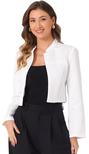 Allegra K Boléro en Satin Femme Blazer Court Élégant Veste Courte à Col Montant Manches Longues Cardigan Ouvert sur Le Devant Boléro pour Mariage et Cérémonie Blanc L
