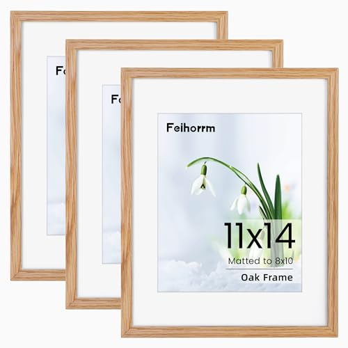 14x11 inch Picture Photo Frame 3 Pack, 14x11 Oak Frame Matted for 8x10 Photo Frame with Real Tempered Glass, Vertical & Horizontal Wall Hanging Frame for Family