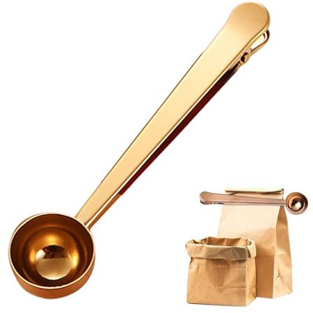 Kisstta kaffe-doseringssked med stängningsklämma i rostfritt stål, rostfritt stål kaffe mätspoon, kaffesked För 6 gram kaffepulver, längd: 17,5 cm med integrerad påse klämma (guld)