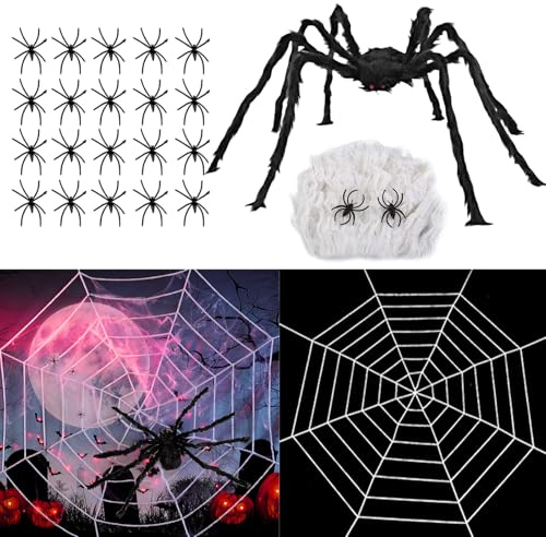 SSKHE Jättespindel Halloween-dekoration 90 cm, 1 svart spindel, 20 g vit spindelbomull, 22 små spindlar, 1,5 m vit spindelduk, inomhus, bord, dörr, fönster, trädgård