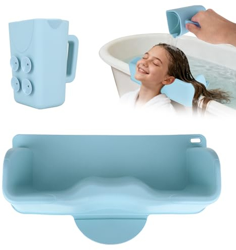 Hair Washing Station for Kids with Rinse Cup, Silicone Portable Shampoo Wash Bowl Hair Washing Basin for Home Sink & Bathtub Toddlers Children Teens Adults (Blue)