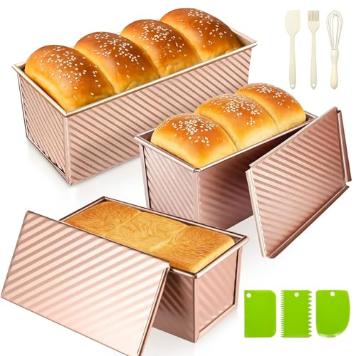 YIWSKJ 3-Pack Bread Pan with Lids, 2.2LB & 1LB & 1LB Dough Capacity, Non-Stick Carbon Steel Pullman Loaf Pan for Baking, Professional Toast Box Mold with Baking Tools - Gold
