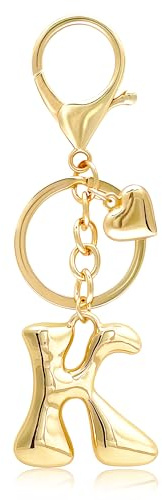 ELYSTARA Gold Bubble Initial Keychain with Heart, Cute Letter Purse Charm for Women Girls, Personalized Bag Charms and Handbags Accessories, Car Key Ring Pendant, Tote Backpack Decor Gift (K)