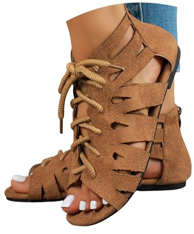 Gladiatorsandaler för kvinnor retro kilklack rund tå ihålig romersk gladiatorsandaler öppen romersk sandal med dragkedja platta tofflor snörning sommar öppen tå strand låg klack strappy kil, Brun