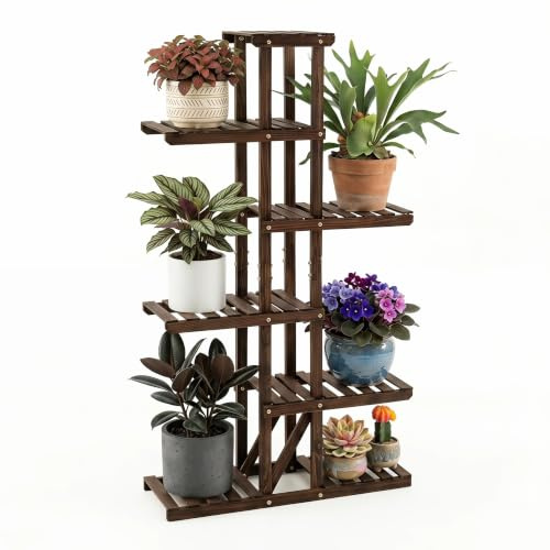 GYMAX Estantería para Macetas de 6 Niveles, Soporte para Plantas de Madera de Abeto con Diseño Listones y Refuerzo Triangular, Escalera de Flores para Jardín, Balcón y Sala de Estar