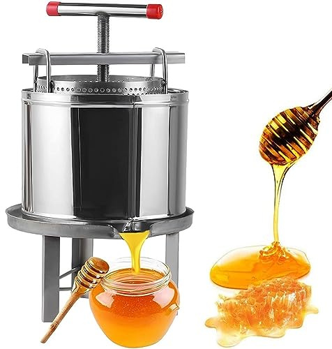 Honungspress, rostfritt stål manuell honungspressare med panna och stänksäkert lock, biodlingsverktyg för att dra ut honung, juice, vin och pepparolja