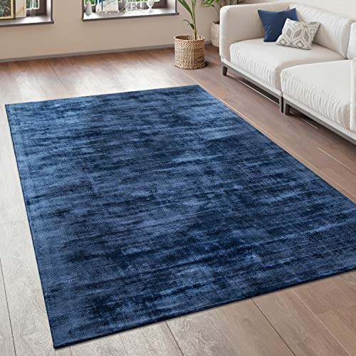 Paco Home Teppich Wohnzimmer Vintage Kurzflor Handgefertigt Hochwertig 100% Viskose, Grösse:80x150 cm, Farbe:Blau