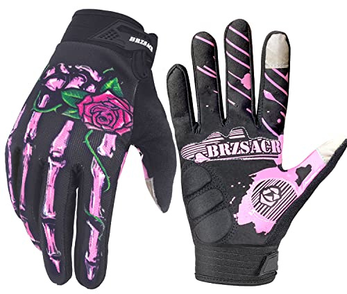 BRZSACR Skeleton Cycling Gloves Motorcycles Gloves Off-Road Vehicle MTB, Bicycle Gloves Shock Absorption Non-Slip Touch Screen Design,for Various Outdoor Sports. (L, Pink)