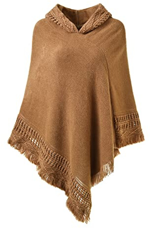 Ferand Poncho con Capucha para Mujer Capa de Crochet con Dobladillo con Flecos para Otoño Invierno