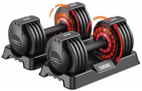 SKOK 25 lbs Pair Adjustable Dumbbells Set, Adjustable Weights Dumbbells Set with Anti-Slip Fast Adjust Weight by Turning Handle with Tray, Space-Saving for Home Strength Training & Fitness