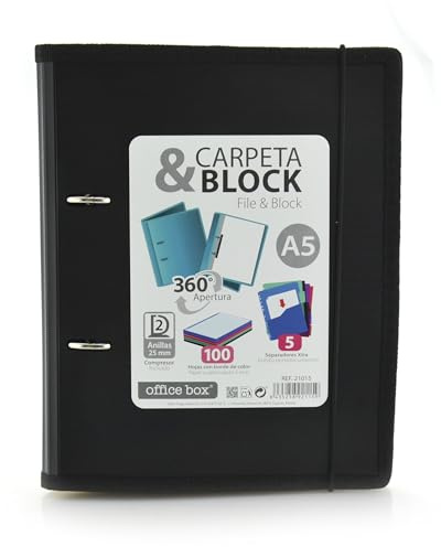 Carpeta & Block A5 (cuartilla) - Carpeta de 2 Anillas con bordes reforzados y Cierre de Gomas - Incluye 100 hojas con 5 Separadores Dobles más 10 Indicadores adhesivos by Office Box. (Negro)