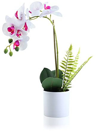 Meneco Artificial Orchid in Pot – White Orchid Artificial Flower Arrangements Realist Fake Plant Decoration Potted Faux Flower (38cm, White Orchid)