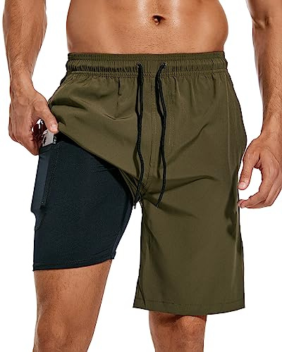 difficort Mens Swim Trunks Quick Dry Bathing Suit 9 inch Inseam Board Shorts with Compression Liner and Zipper Pocket,Army Green,Large
