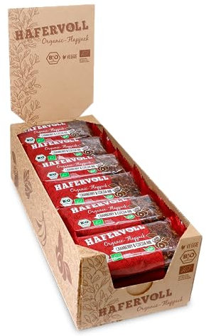 HAFERVOLL Organic Flapjack Cranberry & Cacoa Nib, 18 x 60 g Müsliriegel - Bio-zertifiziert, Vegan, Mit Dattelsirup, ohne Zusatz von Zucker, Hafer, im Ofen gebacken