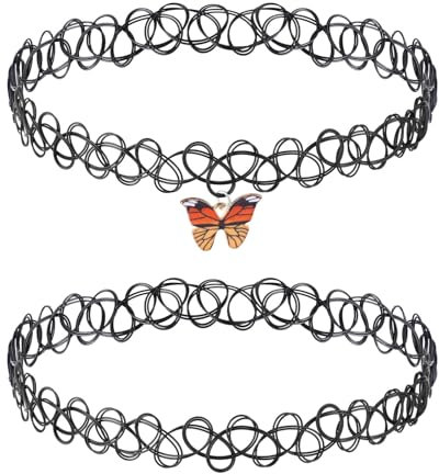 DIVINA VITAE 2 Stück Tattoo Kette Choker Kette Damen Stretch Schmuck 90s Halskette für Damen Teenager Mädchen Schwarze Anhänger Schmuck für Sommerstil Tattoo Choker Halsband