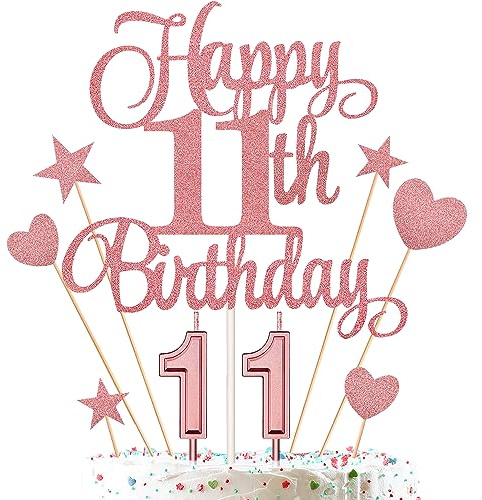 11th Birthday Cake Decorations Set Include 11th Birthday Candles Numeral 11 Cake Candles and Happy 11th Birthday Cake Toppers with Heart Star Cupcake Picks for Birthday Party (Rose Gold Series)