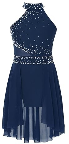 winying - Abito da balletto per ragazze, body da danza senza maniche con strass, costume da gara, tuta da ginnastica, blu navy, 134-140 cm