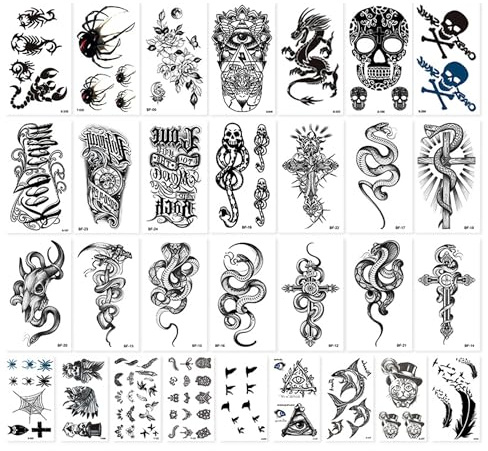 MAXQUU 30 Pieces Temporary Tattoo Stickers, Skull Tattoos, 3D Realistic Tattoo Stickers, Fake Tattoos, Body Art Stickers, Rock Punk Tattoo Stickers for Parties, Festivals