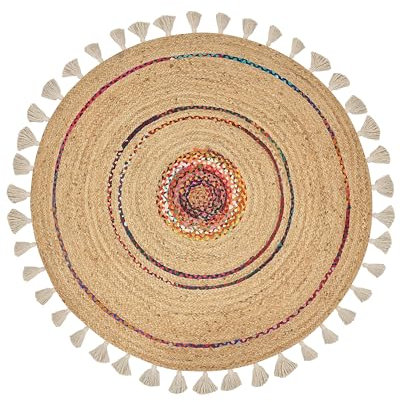 Beliani Teppich Jute beige rund 140 cm Kreise bunt Fransen Kurzflor handgewebt Obakoy