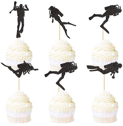 Blumomon 25 Stück Tauchen Cupcake Topper Schwarz Glitzer Tauchsport Cupcake Deko Picks Sportthema Cupcake Topper Baby Shower Geburtstags-Tauchthema Party Kuchendeko