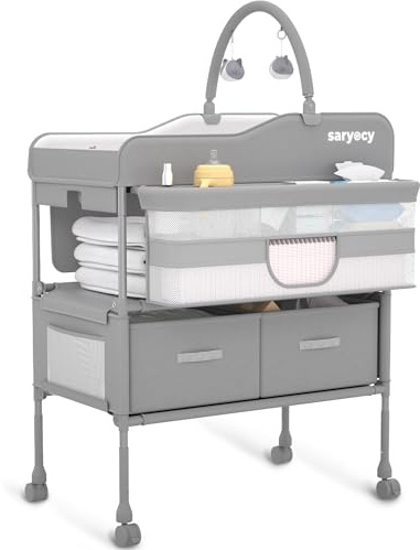 Saryocy Baby Changing Table, Versatile Folding Changing Table, Waterproof Diaper Changing Station, Adjustable Height with 2 Drawers,Baby Changing Station, Mobile Nursery for Infant and Newborn