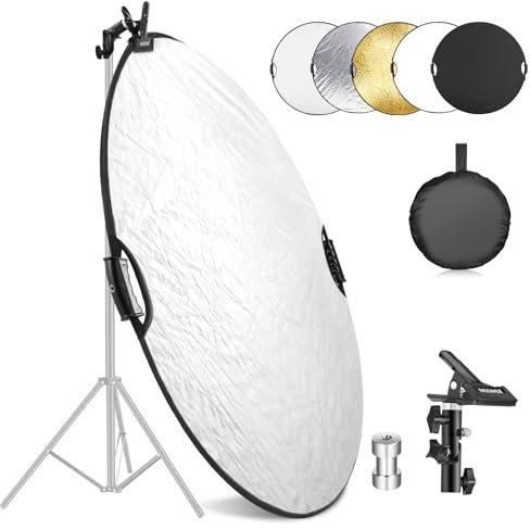 NEEWER Reflector de luz de 56 cm con Abrazadera y empuñaduras, 5 en 1, Plegable, multidisco, Reflector, translúcido, Plateado, Dorado, Blanco/Negro con Rosca de 3/8 Pulgadas para iluminación Exterior
