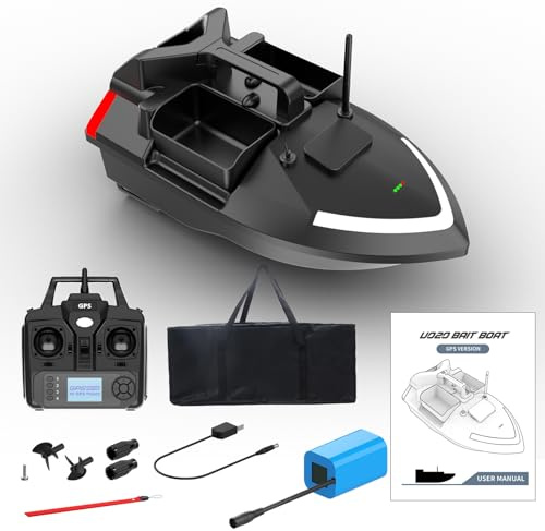 FUMENG Bateau d'appât intelligent GPS de pêche télécommandé, double moteur de croisière automatique, trois trémies, lumière LED de grande capacité, détecteur de poissons, bateau de navire, 12 000 mAh