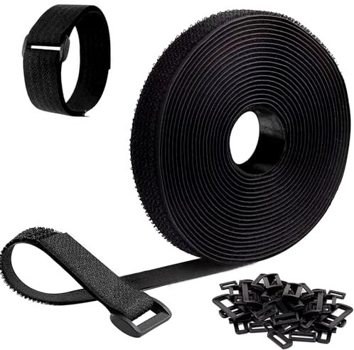 Rhimooay 12m x 2cm klettband kabelbinder wiederverschließbar, kabelbinder klett mit 60 schnalle, Freie Schnittlänge kabelbinder klettverschluss, klettkabelbinder für Kabel Organisieren, Schläuche