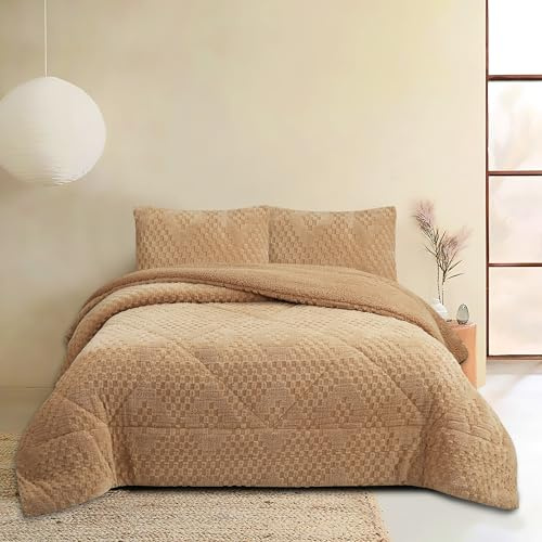 NH NOVOTEXTIL HOGAR Edredón Invierno Sherpa Extra Grueso 560gr/m2 - Sedalina, Fibra Hueca y Sherpa(Efecto Borreguito). 1 o 2 Fundas Cojín (50x70) (Poltava Beige, Cama 105-200x260)