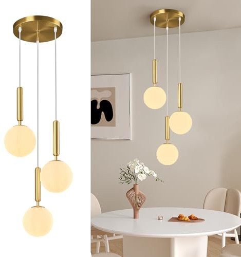 ZPBSJ Moderne Goldene Leuchte Pendelleuchte für Kücheninsel Mid Century Pendelleuchten mit Kugel milchig weißes Glas Pendelleuchte für Esszimmer Badezimmer Eingang Schlafzimmer(3-Licht)