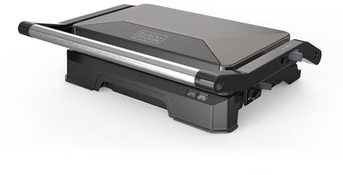 Black+Decker – Grill BXGR1001E | 1000W | Apertura 180º | Piastre 23x14,5cm con blocco | Doppio strato antiaderente | PFOA free | Piastra basculante | Vaschetta di raccolta | Spie luminose | Cool-touch