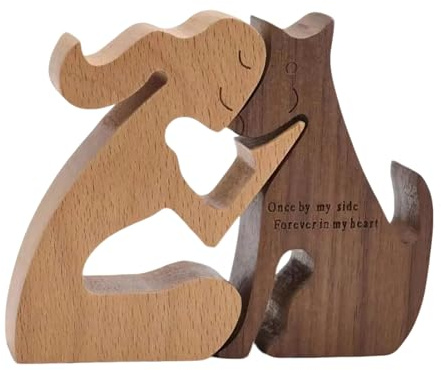Figura de madera de perro y hombre como escultura emocional de madera con perro, 11 x 8,5 x 1,5 cm, hecha a mano, figura decorativa de madera natural, elegante regalo para amantes de los perros