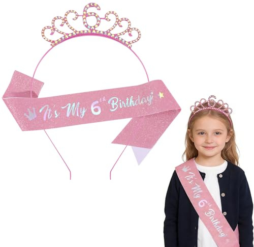 GWEOR Corona de cumpleaños para niñas de 6 años, Diadema de Cumpleaños para niña y Banda de Purpurina, Diadema de Cumpleaños Corona con Flores Rosas y Purpurina, Regalo para Cumpleaños Niñas