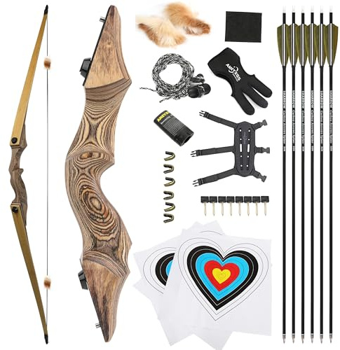 60 Black Hunter Recurve Bow Hunting Takedown Wood Longbow Archery 20-60lbs Left/Right Handed for Archery Hunting Shooting Practice (Right Hand,Wood,50 LBS)