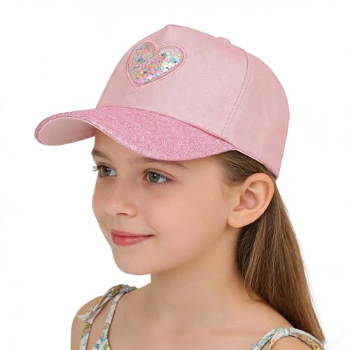 JIAHG Casquette de Base-Ball Motif à Cœur Paillettes Enfant Casquette Visière à Bord Large Anti UV Protection Solaire Chapeau de Soleil Réglable 50-54 CM