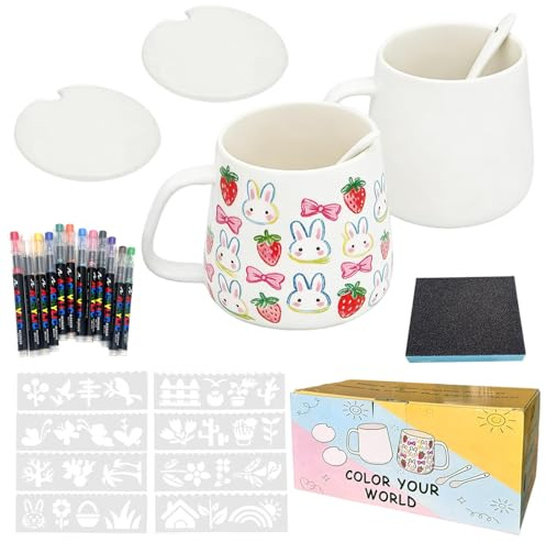 Pintar Cerámica Kit Taza, Juego de Tazas de Cerámica para Pintar, DIY Tazas para Pintar Kit, con 12 Bolígrafos, Juego de Pintura de Cerámica, Kit de Bricolaje Ocio Creativo para Adultos