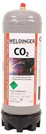 110 bar CO2-Einwegflasche 1,3 kg = 2,2 Liter (220 Liter Schweißgas fürs MAG-Schweißen)