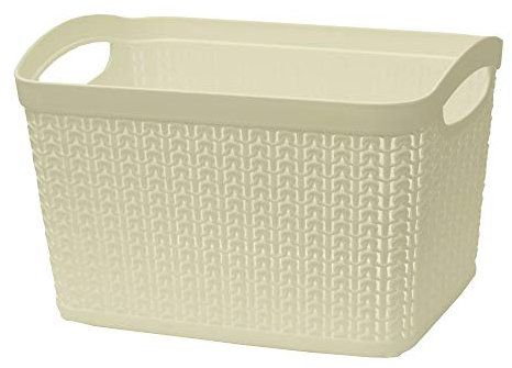 JVL 13-353WH Knit Design Loop Plastic Rectangular Small Storage Basket with Handles, Ivory, 20 x 26 x 17 cm, 6.6 Litres