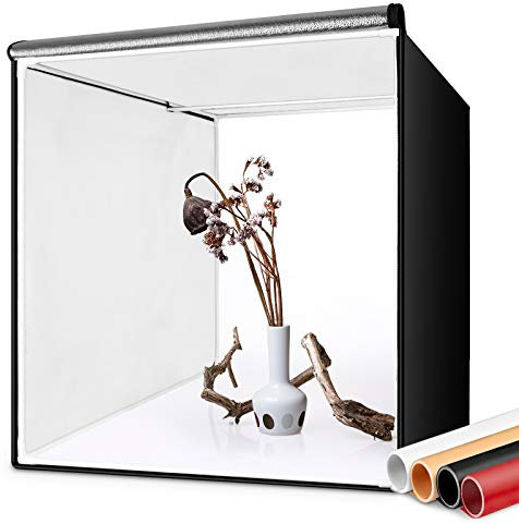FOSITAN Caja de Fotografía 60 * 60cm/24 Caja de Luz Estudio fotográfico portátil, 126 LED Luz de Día 5500k Foto Estudio con 2 Tiras de LED, 4 Fondos (Blanco/Negro/Naranja/Rojo), Bolsa de Transporte