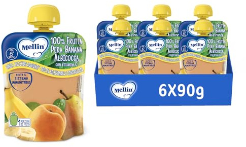 Mellin, Pouch Merenda 100% PERA BANANA E Albicocca con Vitamina C - 6 Confezioni da 90 gr