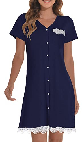 Heekpek Camisón de Mujer de Algodón Pijama Verano con Botones y Bolsillos, Cuello en V, Manga Corta, Dobladillo de Encaje, Ropa de Dormir